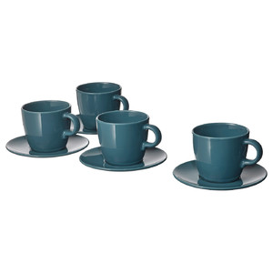 FÄRGKLAR Teacup with saucer, glossy dark turquoise, 25 cl, 4 pack