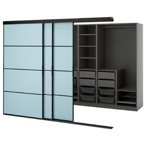 SKYTTA / PAX Walk-in wardrobe with sliding doors, black dark grey/Mehamn light blue, 276x160x205 cm