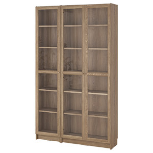 BILLY / OXBERG Bookcase combination w glass doors, oak effect/clear glass, 120x30x202 cm