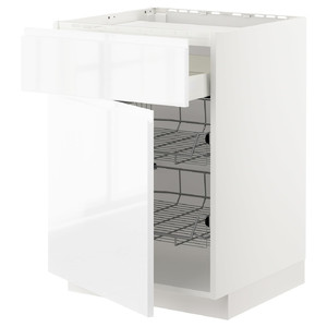 METOD / MAXIMERA Base cab f hob/drawer/2 wire bskts, white/Voxtorp high-gloss/white, 60x60 cm