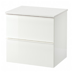 GODMORGON / TOLKEN Wash-stand with 2 drawers, high-gloss white/marble effect, 62x49x60 cm