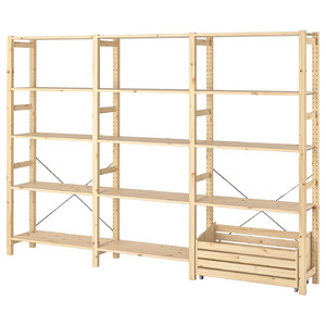 IVAR Shelving unit with storage box, pine, 259x30x179 cm