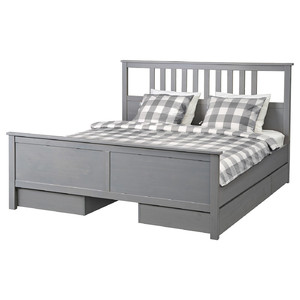 HEMNES Bed frame with 4 storage boxes, grey stained, Leirsund, 160x200 cm