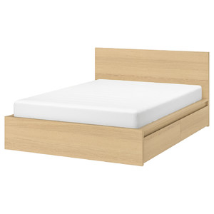 MALM Bed frame, high, w 4 storage boxes, white stained oak veneer, 140x200 cm