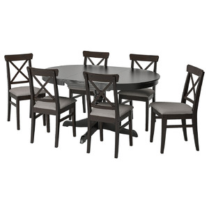 INGATORP / INGOLF Table and 6 chairs, black/Nolhaga grey/beige, 110/155 cm