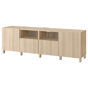 BESTÅ TV bench with doors and drawers, white stained oak effect, Lappviken/Stubbarp white stained oak effect, 240x42x74 cm