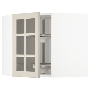 METOD Corner wall cab w carousel/glass dr, white/Stensund beige, 68x60 cm