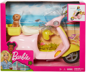 Barbie Pink & Yellow Scooter Moped With Puppy & Helmet FRP56 3+