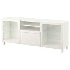 BESTÅ TV bench with drawers, Hanviken/Sindvik white, clear glass, 180x40x74 cm