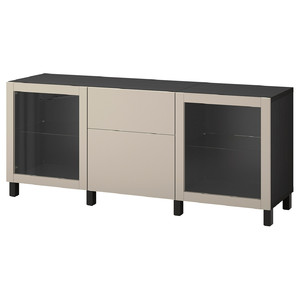 BESTÅ Storage combination with drawers, black-brown Lappviken/Stubbarp/light grey-beige clear glass, 180x42x74 cm