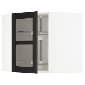 METOD Corner wall cab w carousel/glass dr, white/Lerhyttan black stained, 67.5x67.5x60 cm