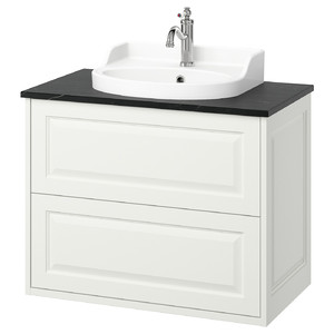 TÄNNFORSEN / RUTSJÖN Wash-stnd w drawers/wash-basin/tap, white/black marble effect, 82x49x76 cm