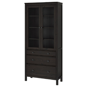 HEMNES Glass-door cabinet with 3 drawers, black-brown, 90x197 cm