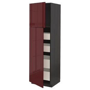 METOD / MAXIMERA Hi cab w 2 doors/4 drawers, black Kallarp/high-gloss dark red-brown, 60x60x200 cm