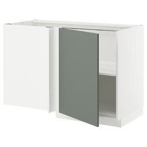 METOD Corner base cabinet with shelf, white/Nickebo matt grey-green, 128x68 cm