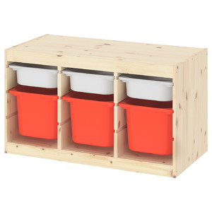 TROFAST Storage combination with boxes, light white stained pine white/orange, 93x44x52 cm