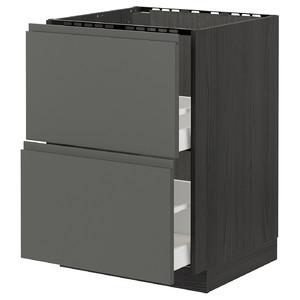 METOD / MAXIMERA Base cab f sink+2 fronts/2 drawers, black, Voxtorp dark grey, 60x60 cm