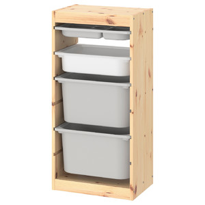 TROFAST Storage combination with boxes/tray, light white stained pine grey/white, 44x30x91 cm