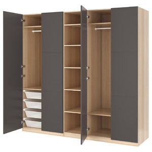 PAX Wardrobe, white stained oak effect, Meråker dark grey, 250x60x236 cm