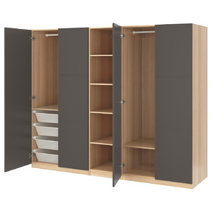 PAX Wardrobe, white stained oak effect, Meråker dark grey, 250x60x201 cm