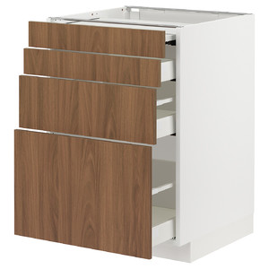 METOD / MAXIMERA Bc w pull-out work surface/3drw, white/Tistorp brown walnut effect, 60x60 cm