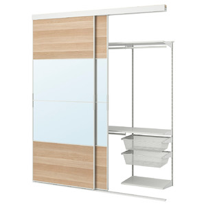 SKYTTA / BOAXEL Reach-in wardrobe with sliding door, white Mehamn/Auli/white stained oak effect mirror glass, 202x65x240 cm