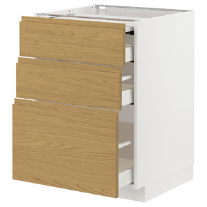 METOD / MAXIMERA Bc w pull-out work surface/3drw, white/Voxtorp oak effect, 60x60 cm