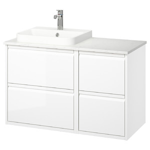 ÄNGSJÖN / BACKSJÖN Wash-stand/wash-basin/tap, high-gloss white/white marble effect, 102x49x71 cm