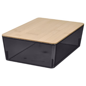 KUGGIS Box with lid, transparent black/bamboo, 18x26x8 cm