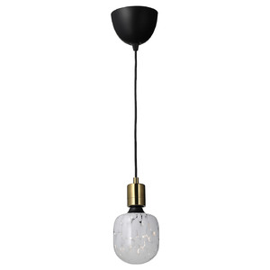 SKAFTET / MOLNART Pendant lamp with light bulb, brass-plated/tube-shaped white/clear glass