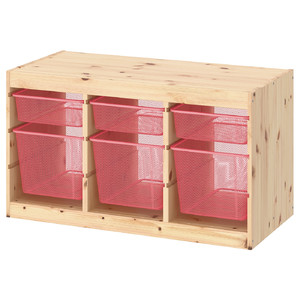 TROFAST Storage combination with boxes, light white stained pine/light red, 93x44x52 cm