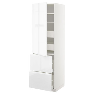 METOD / MAXIMERA Hi cab w shlvs/4 drawers/dr/2 frnts, white/Voxtorp high-gloss/white, 60x60x200 cm