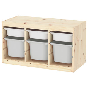 TROFAST Storage combination with boxes, light white stained pine white, grey, 94x44x52 cm