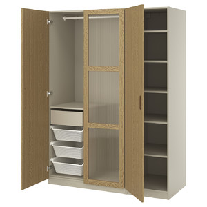 PAX / TONSTAD Wardrobe combination, grey-beige/oak veneer glass, 150x60x201 cm