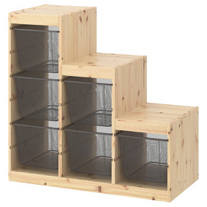 TROFAST Storage combination with boxes, light white stained pine/dark grey, 94x44x91 cm