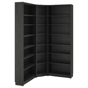 BILLY Bookcase corner comb w ext units, black oak effect, 136/136x28x237 cm