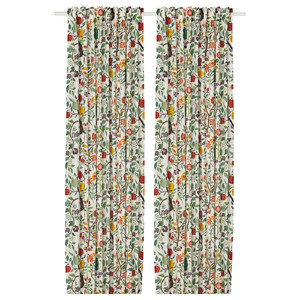 VILDPERSILJA Curtains, 1 pair, white multicolour/floral pattern, 145x300 cm