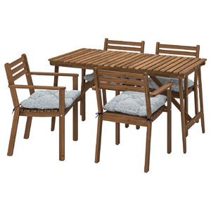ASKHOLMEN Table+4 chairs w armrests, outdoor, dark brown/Klösan blue, 143x75 cm