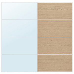 AULI / MEHAMN Pair of sliding doors, mirror glass/double sided white stained oak eff clear glass, 200x201 cm