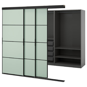 SKYTTA / PAX Walk-in wardrobe with sliding doors, black dark grey/Mehamn light green, 226x160x205 cm