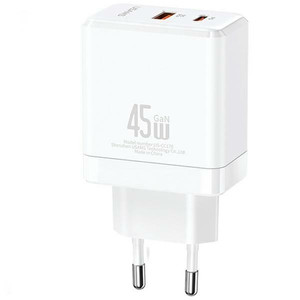 USAMS Wall Charger EU Plug USB-C+USB-A 45W GaN PD 3.0 Fast, white