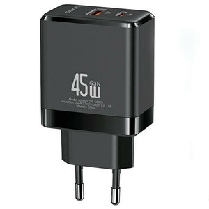 USAMS Wall Charger EU Plug USB-C+USB-A 45W GaN PD 3.0 Fast, black