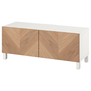 BESTÅ TV bench with doors, white Hedeviken/Stubbarp/oak veneer, 120x42x48 cm