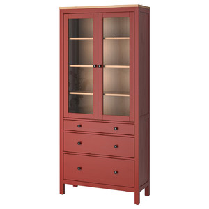HEMNES Glass-door cabinet with 3 drawers, red stained/light brown stained, 90x197 cm