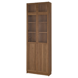BILLY / OXBERG Bookcase with glass doors, brown walnut effect/clear glass, 80x30x237 cm