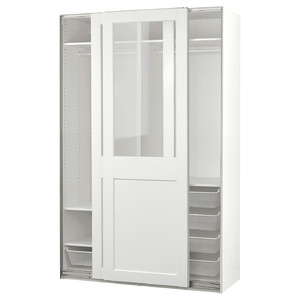 PAX / GRIMO Wardrobe with sliding doors, white/clear glass white, 150x66x236 cm