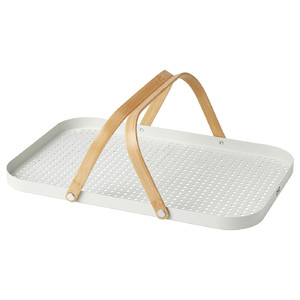 GRÖNFISK Tray with handle, bamboo/white, 46x30 cm