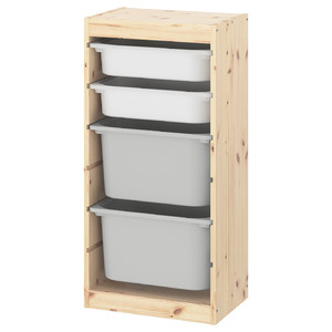 TROFAST Storage combination with boxes, light white stained pine white, gray, 44x30x91 cm