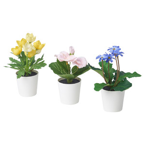 FEJKA Artifi potted plant w pot, set of 3, in/outdoor yellow/pink purple, 6 cm