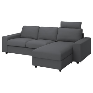 VIMLE 3-seat sofa with chaise longue, with headrest with wide armrests/Hallarp grey